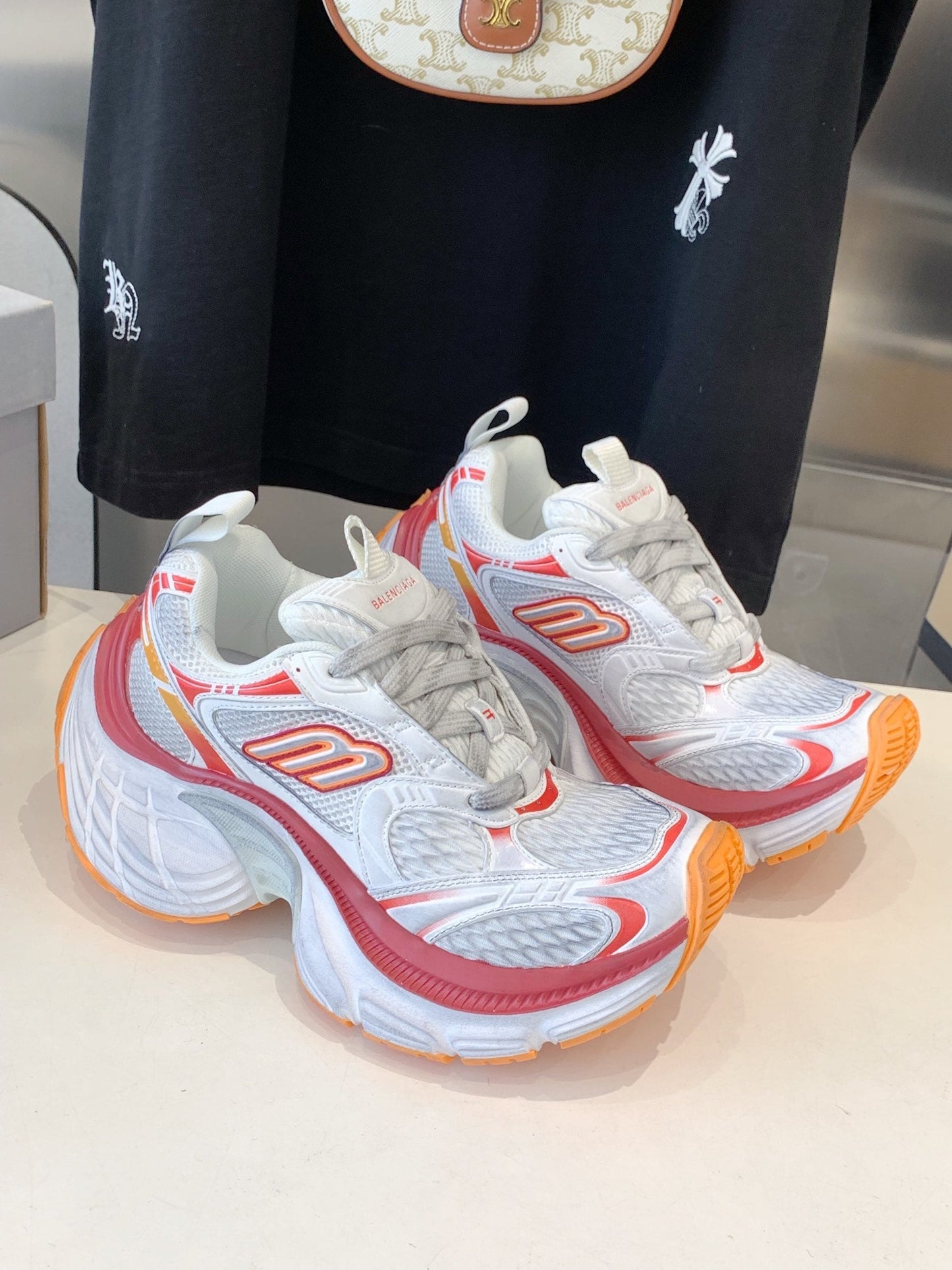 Balanciaga DAD SHOES IN RED ORANGE AND DUST WHITE MESH AND CALFSKIN