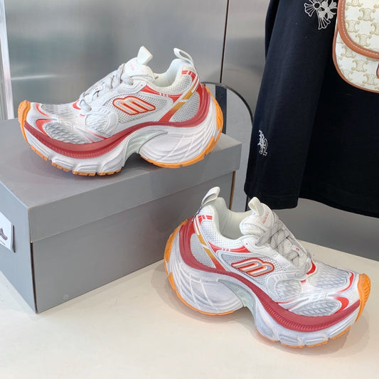 Balanciaga DAD SHOES IN RED ORANGE AND DUST WHITE MESH AND CALFSKIN