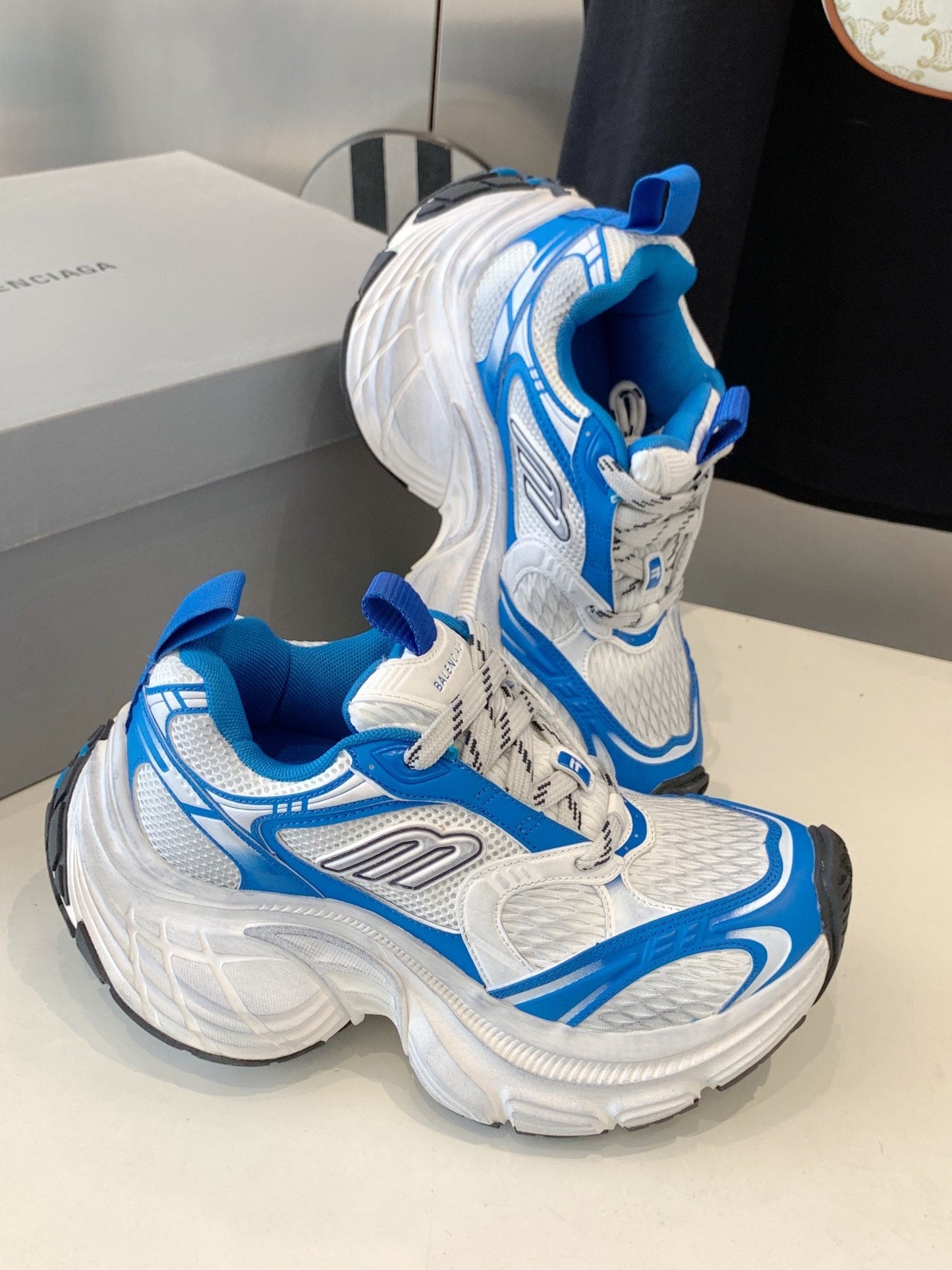 Balanciaga DAD SHOES IN WHITE MIX BLUE MESH AND CALFSKIN