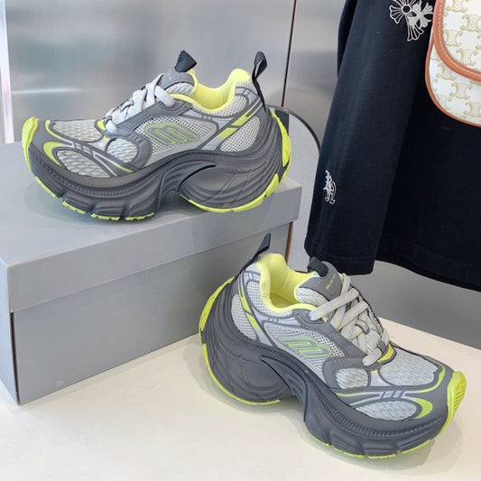 Balanciaga DAD SHOES IN GRAY MIX NEON GREEN MESH AND CALFSKIN