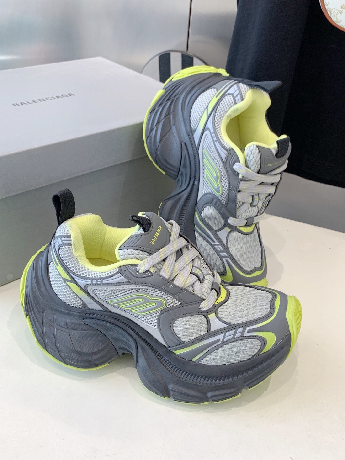 Balanciaga DAD SHOES IN GRAY MIX NEON GREEN MESH AND CALFSKIN