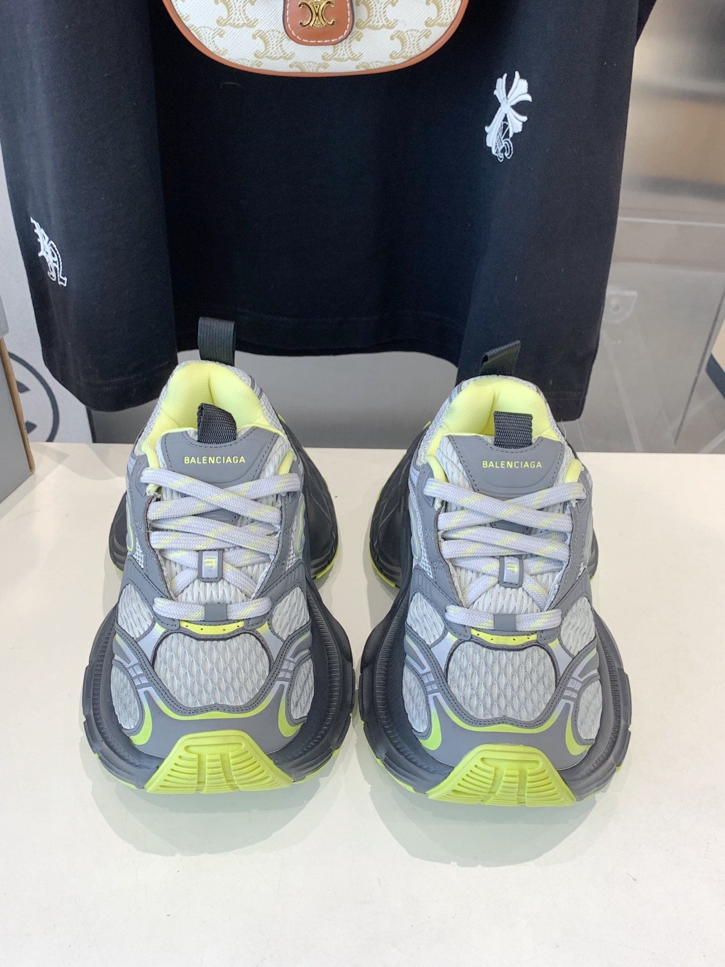 Balanciaga DAD SHOES IN GRAY MIX NEON GREEN MESH AND CALFSKIN