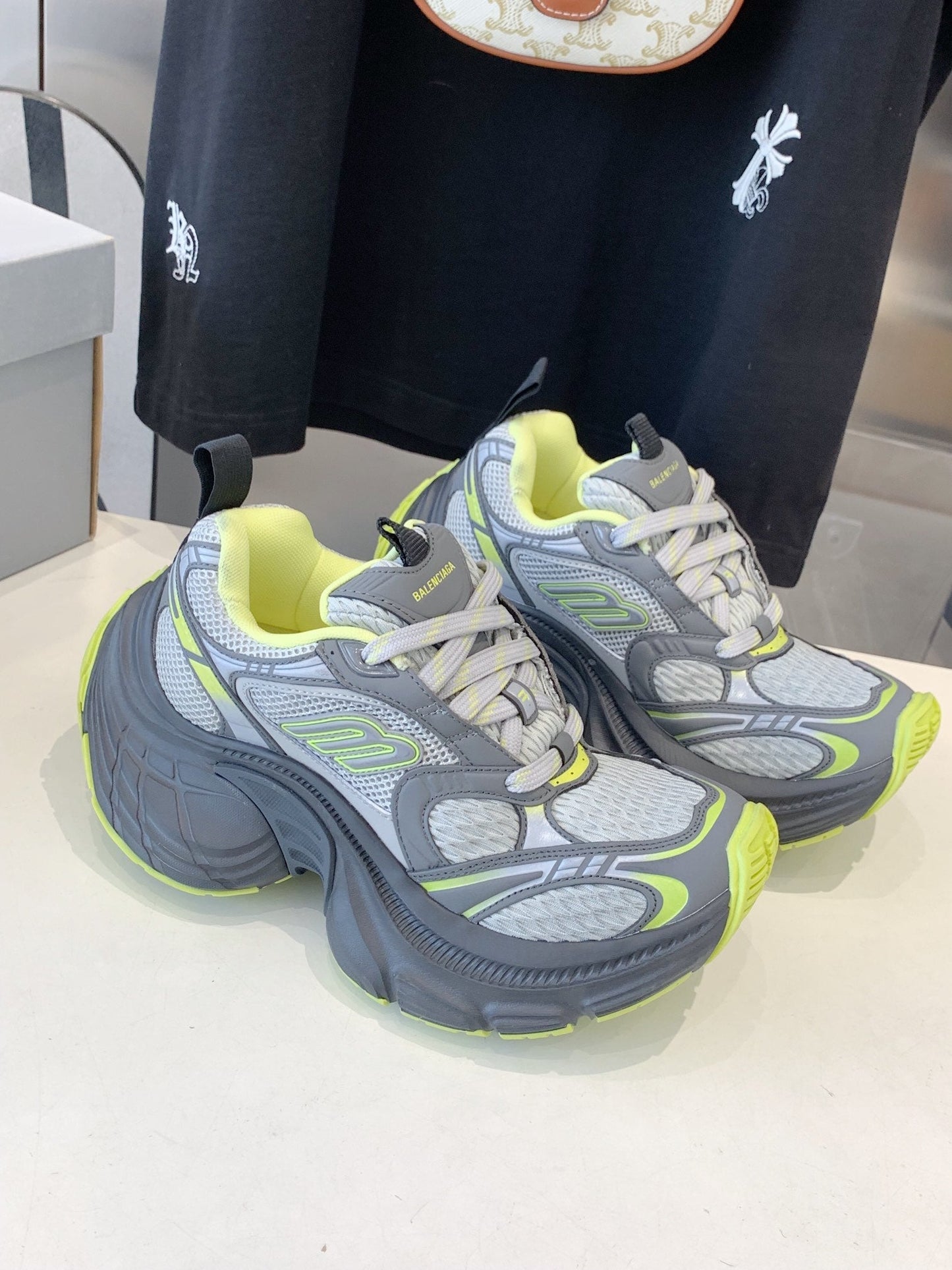 Balanciaga DAD SHOES IN GRAY MIX NEON GREEN MESH AND CALFSKIN
