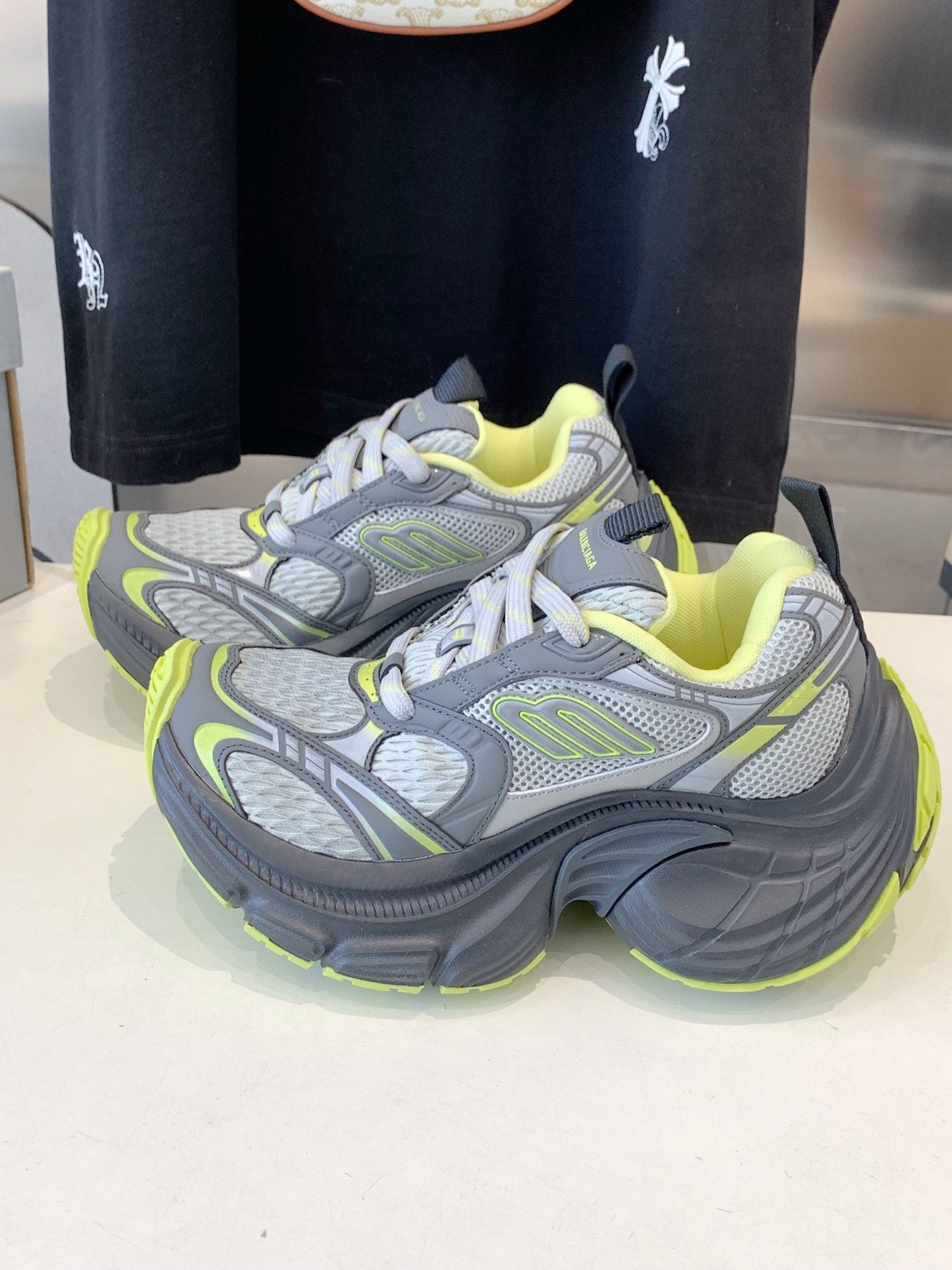 Balanciaga DAD SHOES IN GRAY MIX NEON GREEN MESH AND CALFSKIN