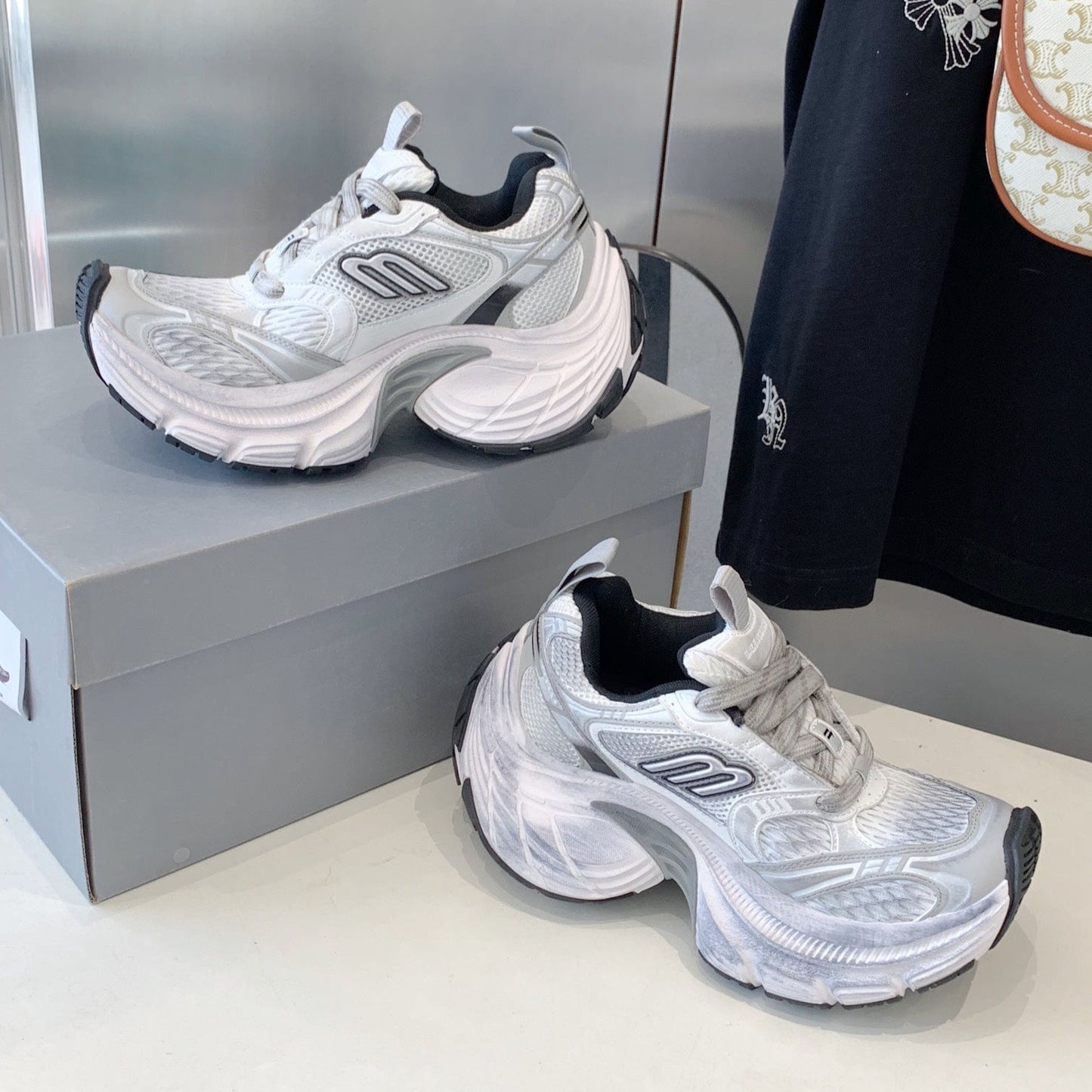 Balanciaga DAD SHOES IN SILVER WHITE MESH AND CALFSKIN