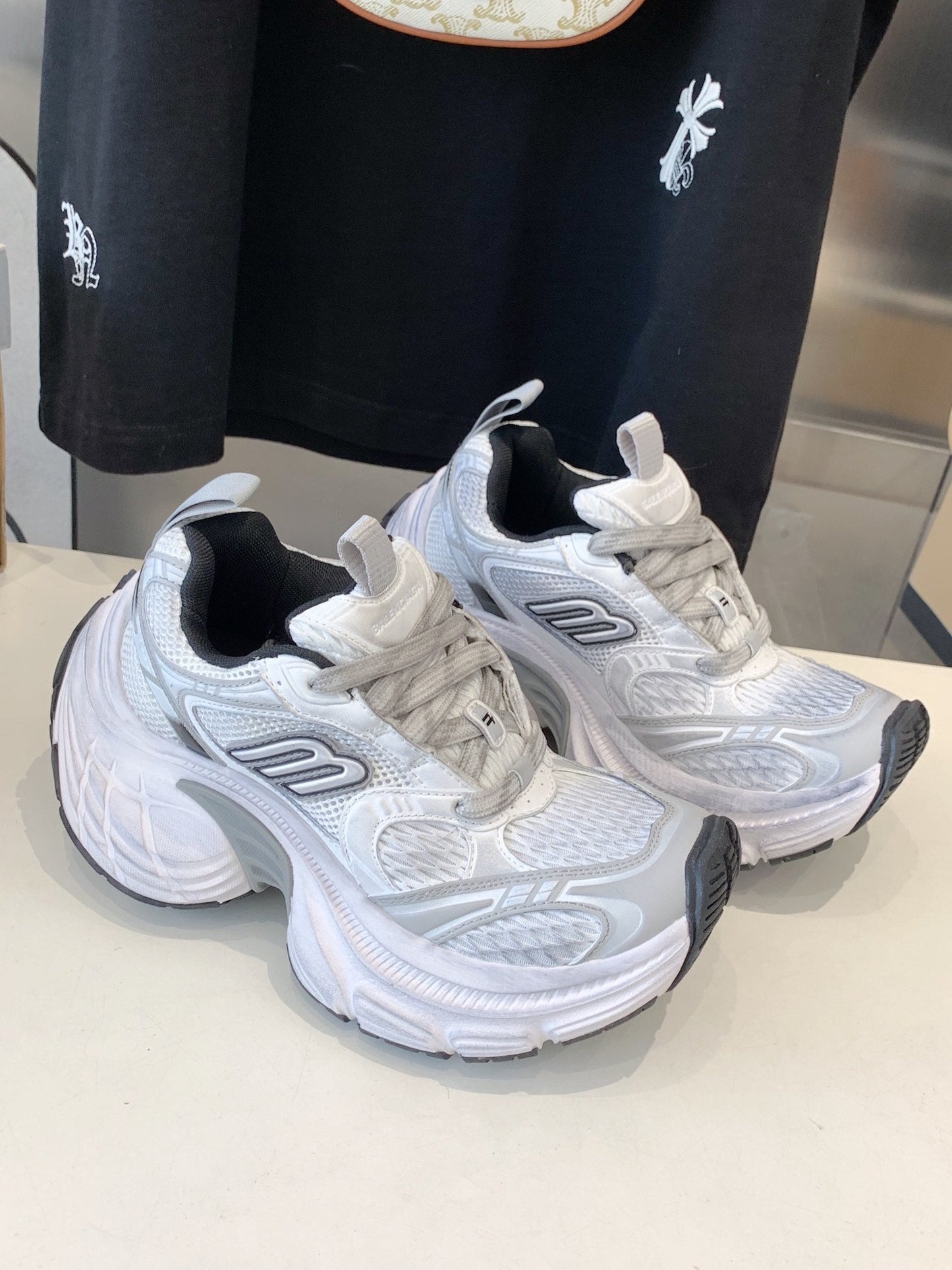 Balanciaga DAD SHOES IN SILVER WHITE MESH AND CALFSKIN