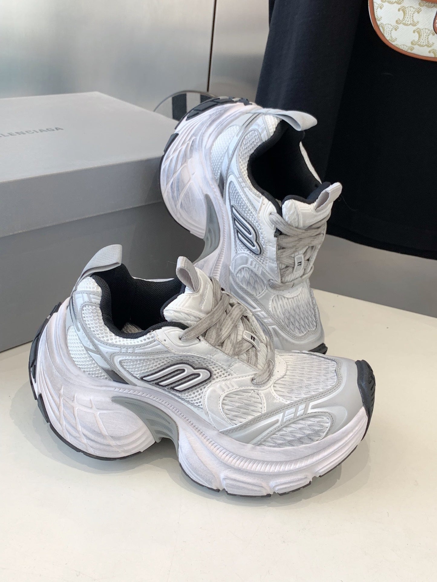 Balanciaga DAD SHOES IN SILVER WHITE MESH AND CALFSKIN