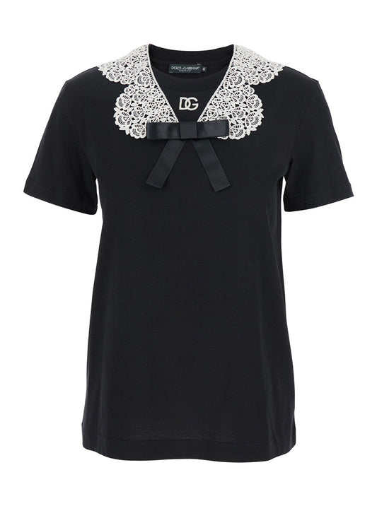 Dolce & Gabbana Women Black T-Shirt With Bow On The Front And Lace Details In Cotton Woman