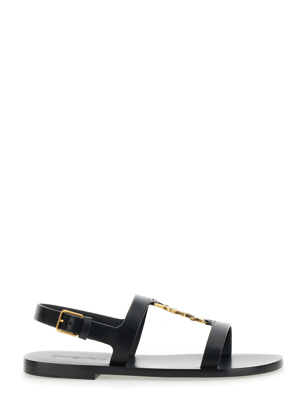 Saint Laurent Women Black Sandals With Metal Cassandre On The Front And Adjustable Strap In Leather Woman