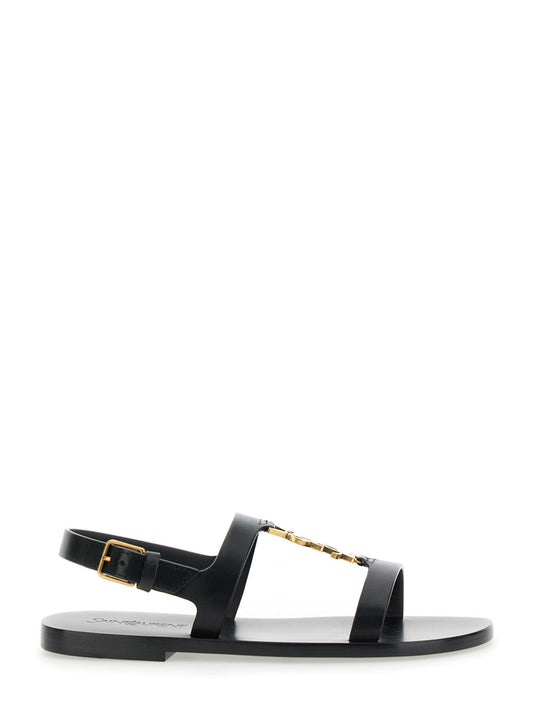 Saint Laurent Women Black Sandals With Metal Cassandre On The Front And Adjustable Strap In Leather Woman