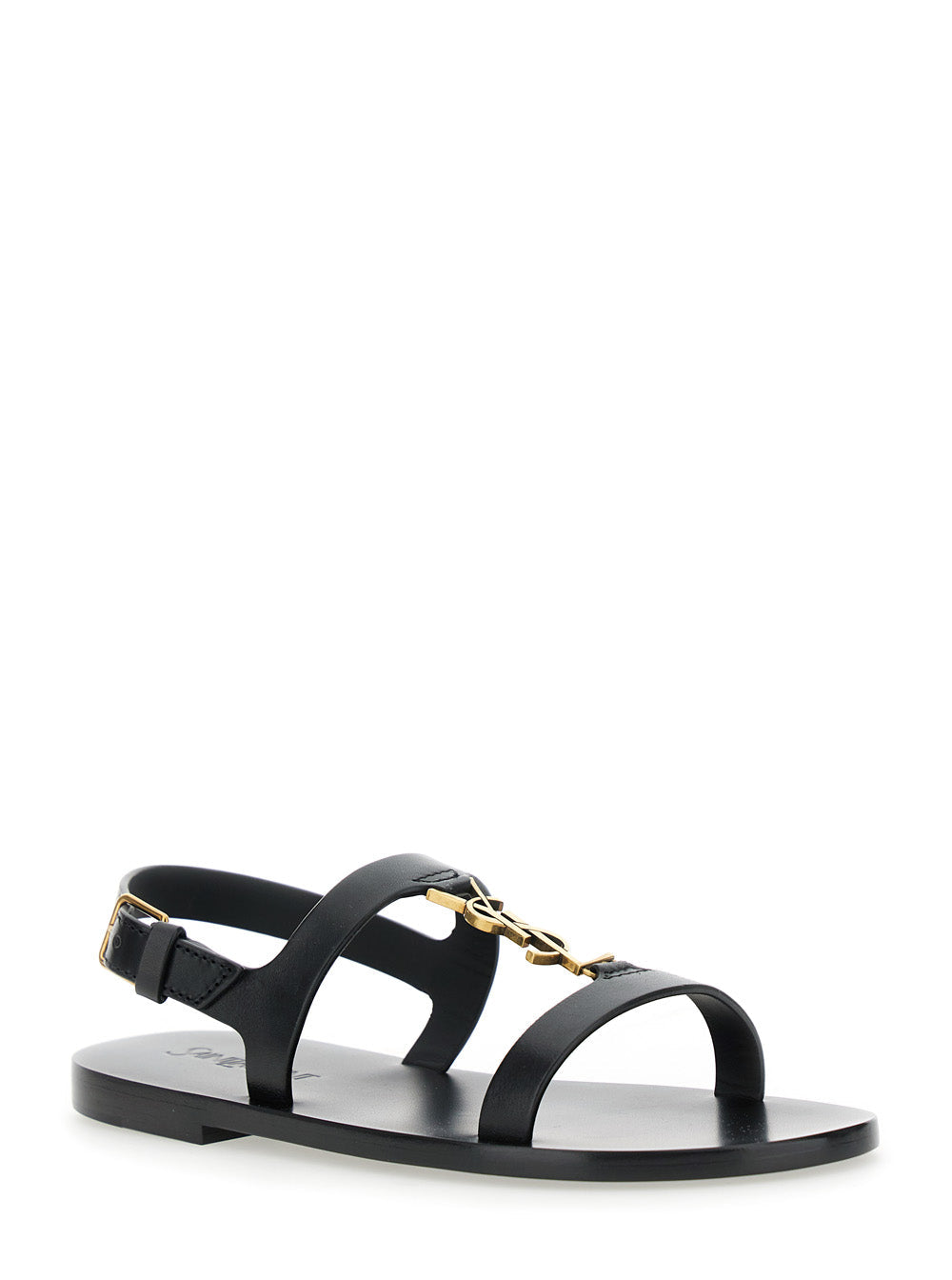 Saint Laurent Women Black Sandals With Metal Cassandre On The Front And Adjustable Strap In Leather Woman