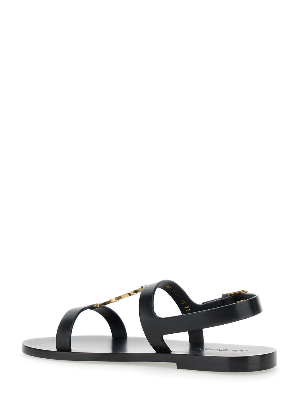Saint Laurent Women Black Sandals With Metal Cassandre On The Front And Adjustable Strap In Leather Woman