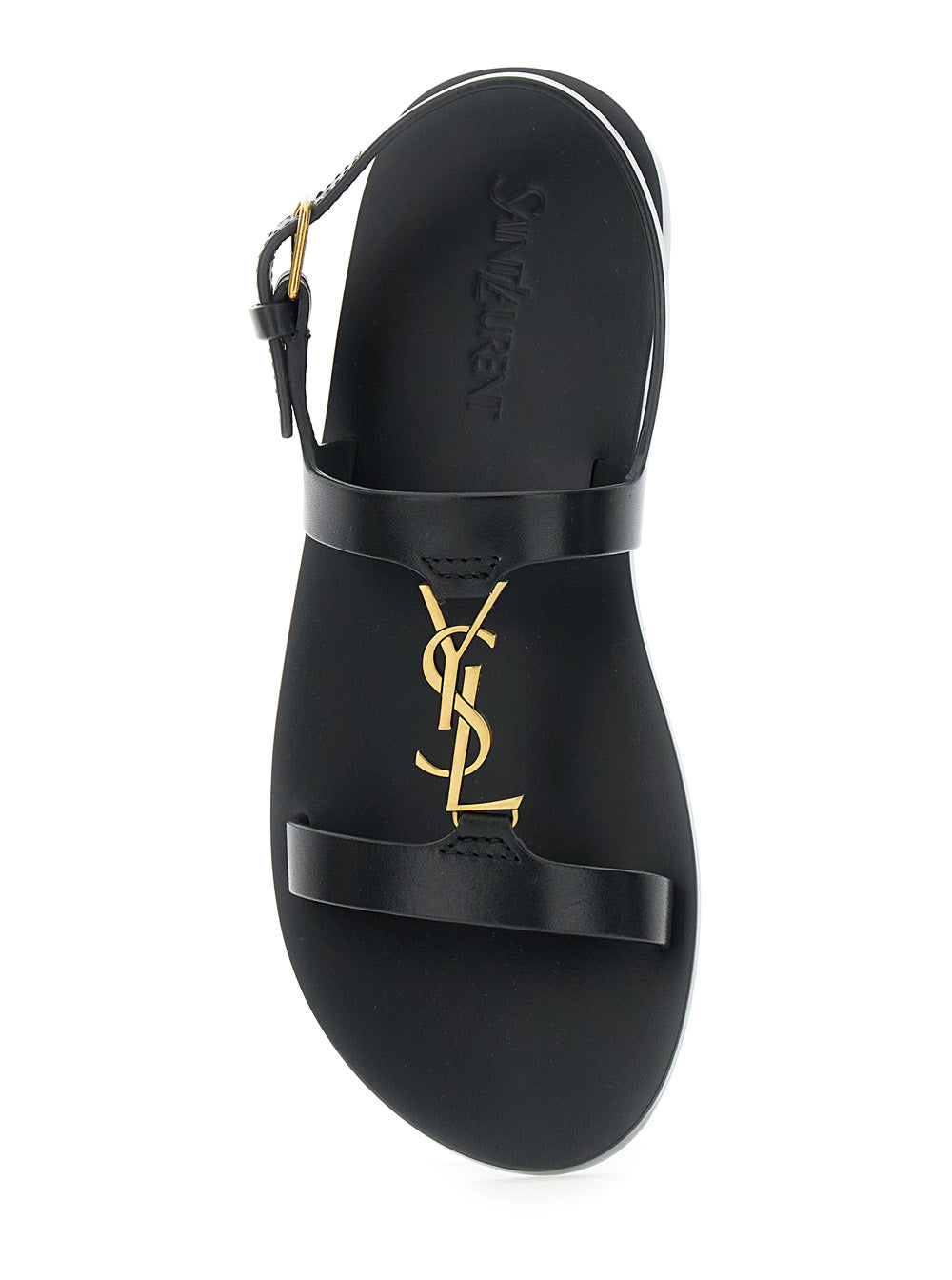 Saint Laurent Women Black Sandals With Metal Cassandre On The Front And Adjustable Strap In Leather Woman