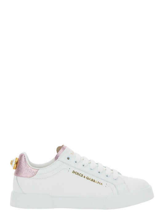 Dolce & Gabbana Women 'Portofino' White Sneaker With Logo And Metallic Inserts In Leather Woman