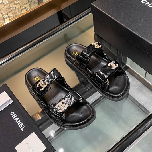 CHANEL 25S Dad Sandal Mule Black Patent Calfskin