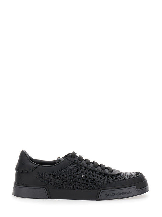 Dolce & Gabbana Men 'Portofino' Black Sneakers With Mesh Inserts And Embossed Logo On The Side In Leather Man