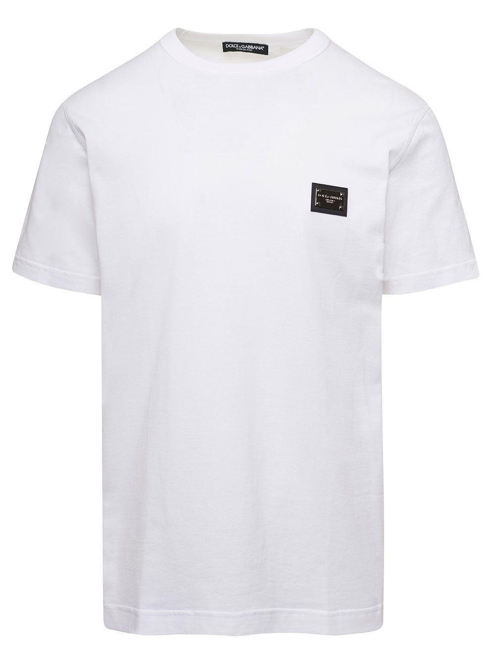 Dolce & Gabbana Men White Crewneck T-Shirt With Logo Plate In Cotton Man