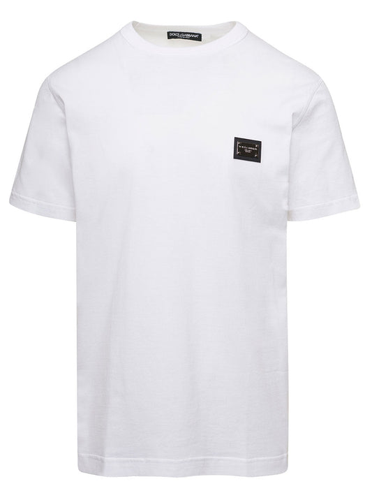 Dolce & Gabbana Men White Crewneck T-Shirt With Logo Plate In Cotton Man