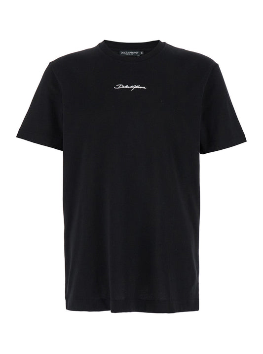 Dolce & Gabbana Men Black Crewneck T-Shirt With Signature Logo In Cotton Man