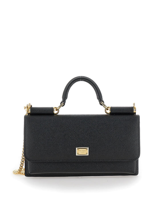 Dolce & Gabbana Women Black Handbag With Logo Plaque In Grained Leather Woman