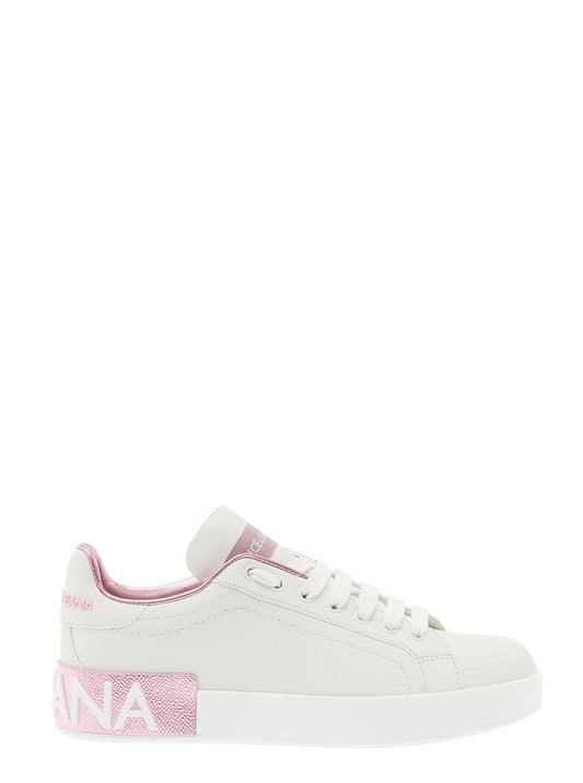 Dolce & Gabbana Women 'Portofino' White And Pink Low Top Sneakers With Logo In Leather Woman
