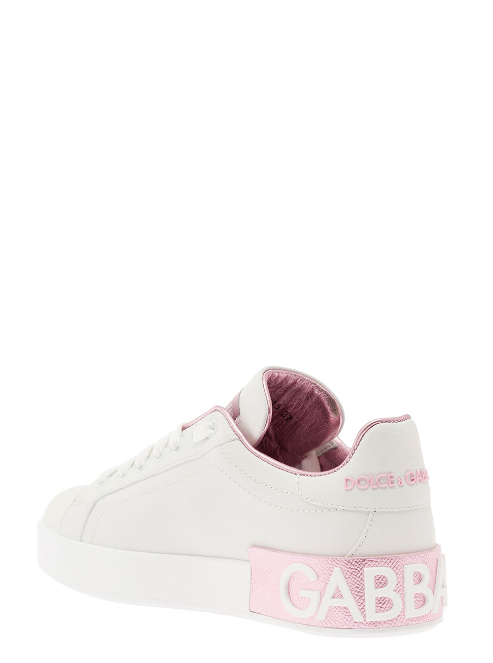Dolce & Gabbana Women 'Portofino' White And Pink Low Top Sneakers With Logo In Leather Woman