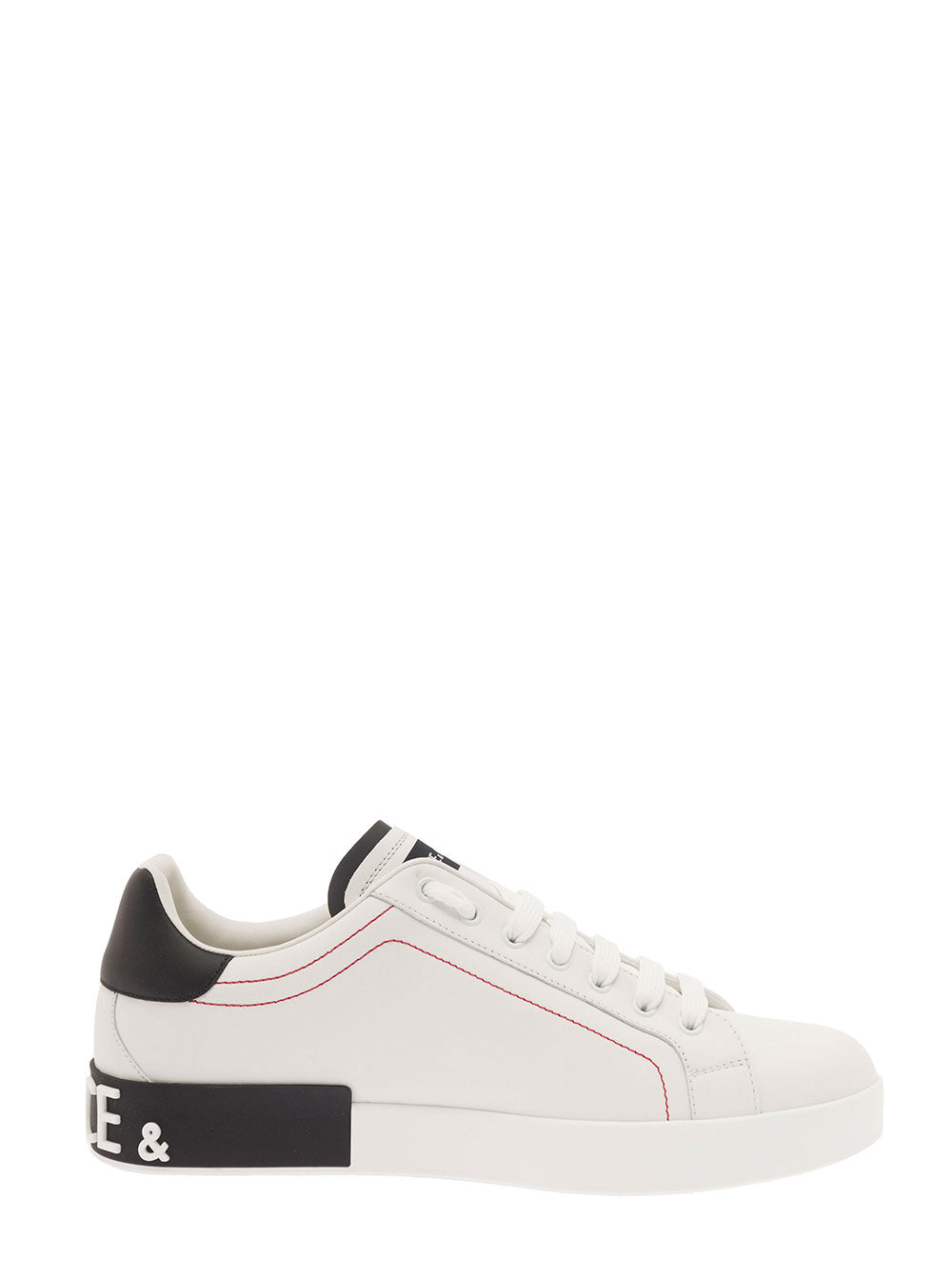 Dolce & Gabbana Men 'Portofino' White Low Top Sneakers With Patch Logo And Red Stitching In Smooth Leather Man