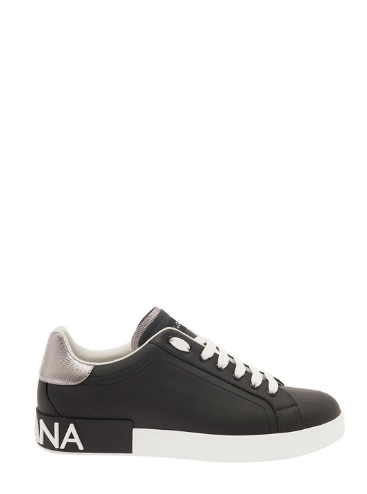 Dolce & Gabbana Men 'Portofino' Black Low Top Sneakers With Metal Heel Tab And Logo Patch In Leather Man