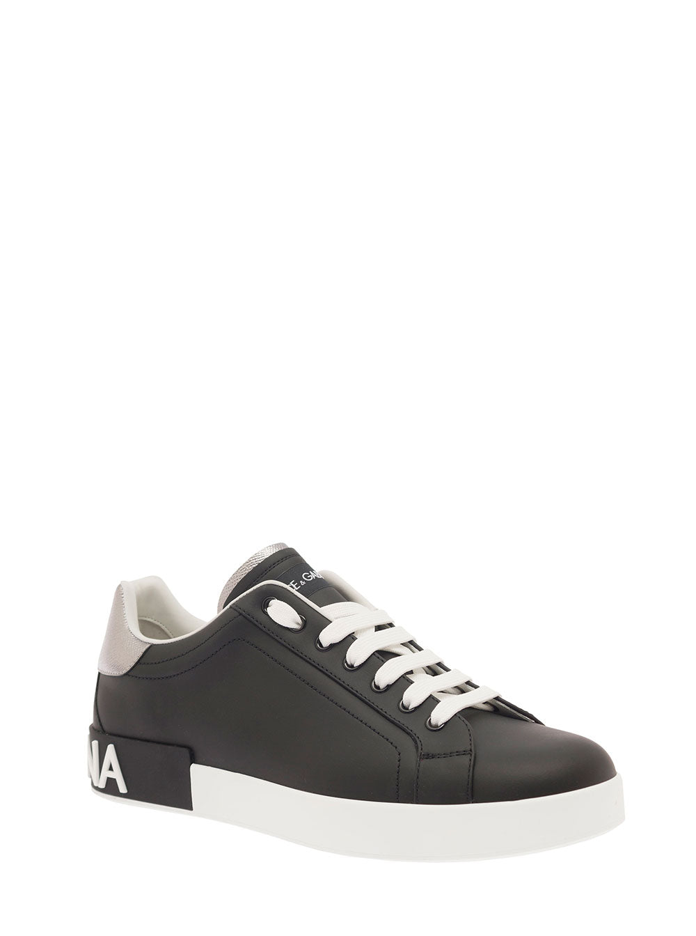 Dolce & Gabbana Men 'Portofino' Black Low Top Sneakers With Metal Heel Tab And Logo Patch In Leather Man