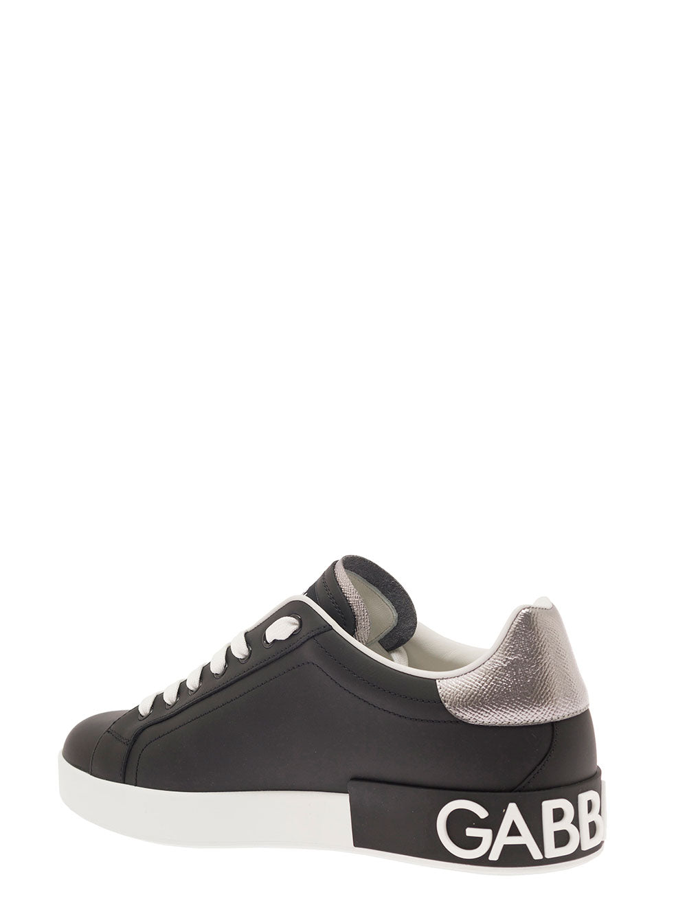 Dolce & Gabbana Men 'Portofino' Black Low Top Sneakers With Metal Heel Tab And Logo Patch In Leather Man
