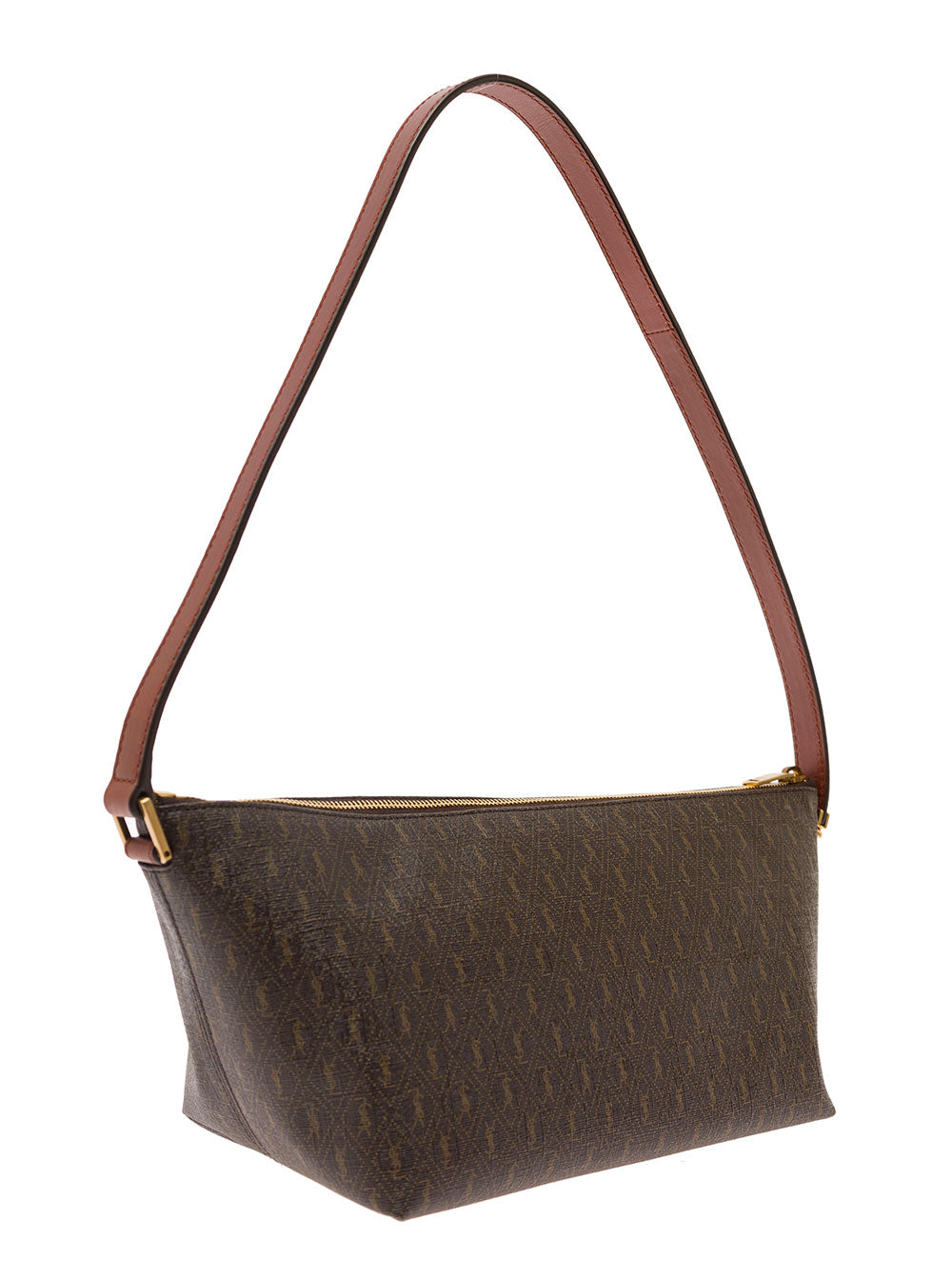 Saint Laurent Men Brown Shoulder Bag With Buckle With Embossed Logo And All-Over Cassandre Embroidery In Canvas And Leather Man