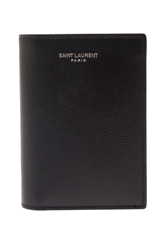 Saint Laurent Men Black Card-Holder With Embossed Logo In Grain De Poudre Leather Man