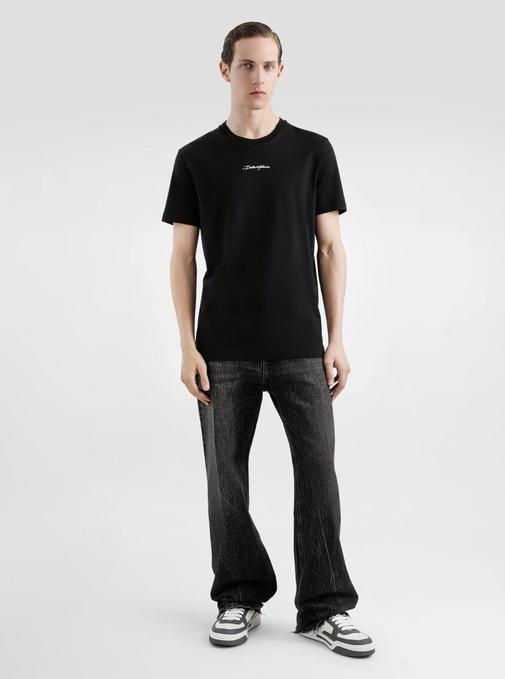 Dolce & Gabbana Men Black Crewneck T-Shirt With Signature Logo In Cotton Man