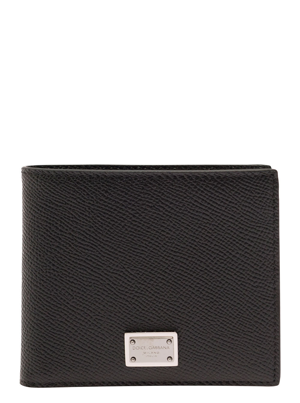 Dolce & Gabbana Men Black Bi-Fold Wallet With Logo Plaque On The Front In Grained Leather Man