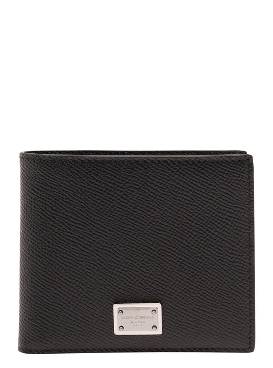 Dolce & Gabbana Men Black Bi-Fold Wallet With Logo Plaque On The Front In Grained Leather Man