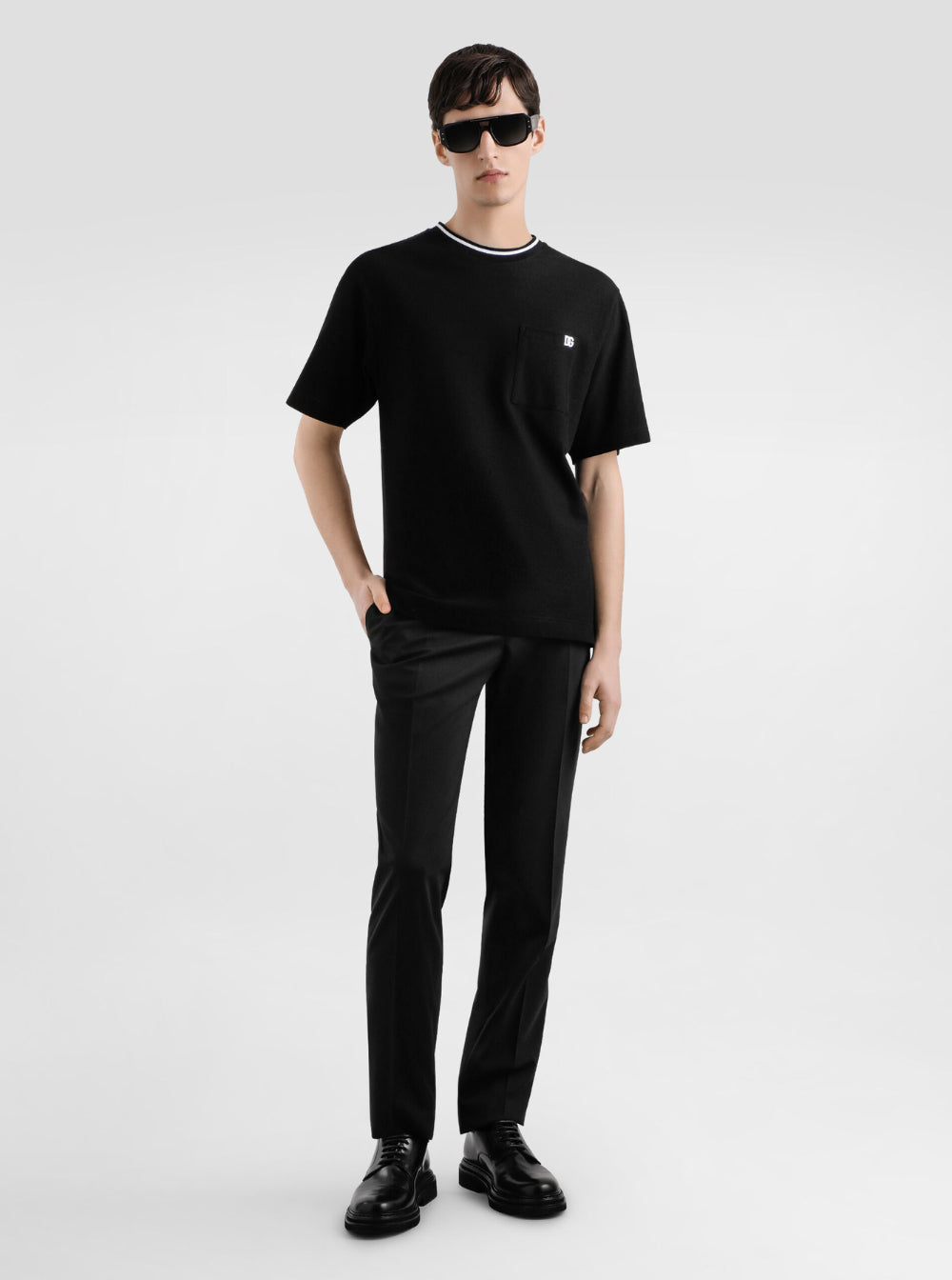 Dolce & Gabbana Men Black Crewneck T-Shirt With Logo Embroidery On The Front In Cotton Man