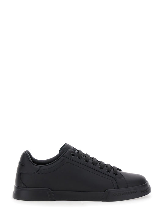 Dolce & Gabbana Men 'Portofino Light' Black Sneakers With Logo Patch On The Tongue And Tonal Logo Lettering On The Heel In Leather Man