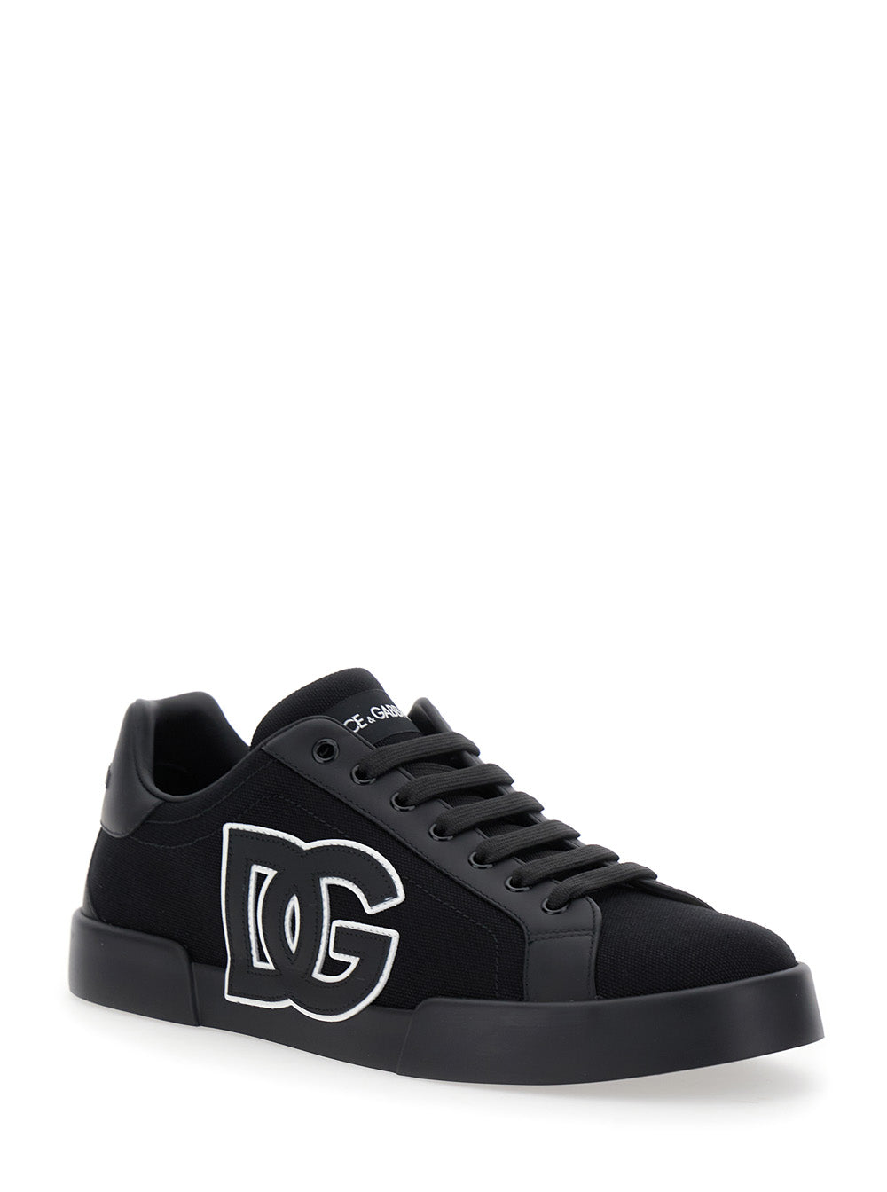 Dolce & Gabbana Men 'Portofino' Black Low Top Sneakers With Logo Embroidery On The Side And Logo Patch On The Tongue In Cotton Blend Man