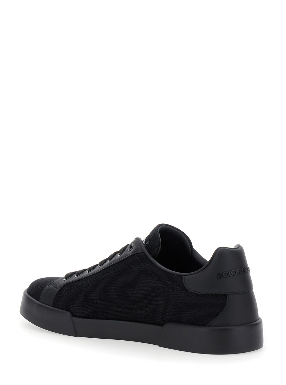 Dolce & Gabbana Men 'Portofino' Black Low Top Sneakers With Logo Embroidery On The Side And Logo Patch On The Tongue In Cotton Blend Man