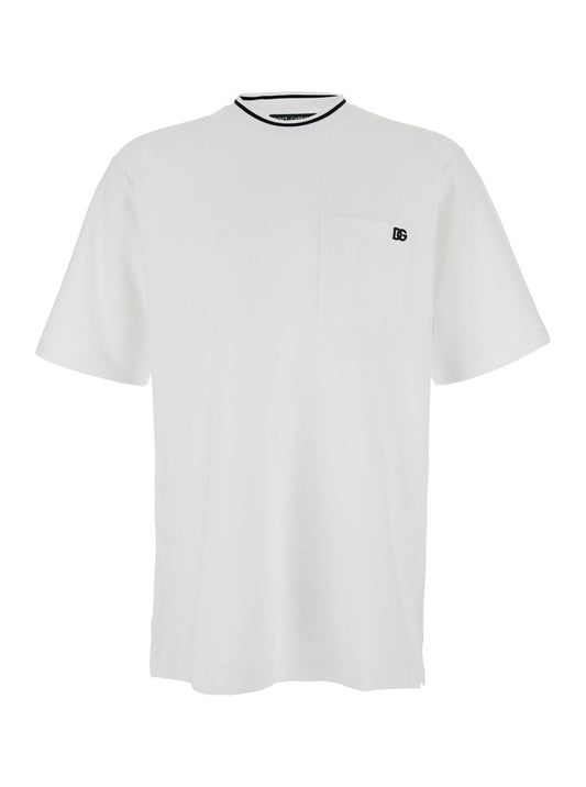Dolce & Gabbana Men White Crewneck T-Shirt With Logo Embroidery On The Front In Cotton Man