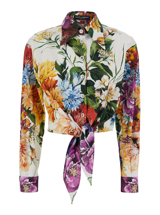 Dolce & Gabbana Women Multicolor Cropped Shirt With Tie Closure On The Front And All-Over Floral Print In Cotton Woman