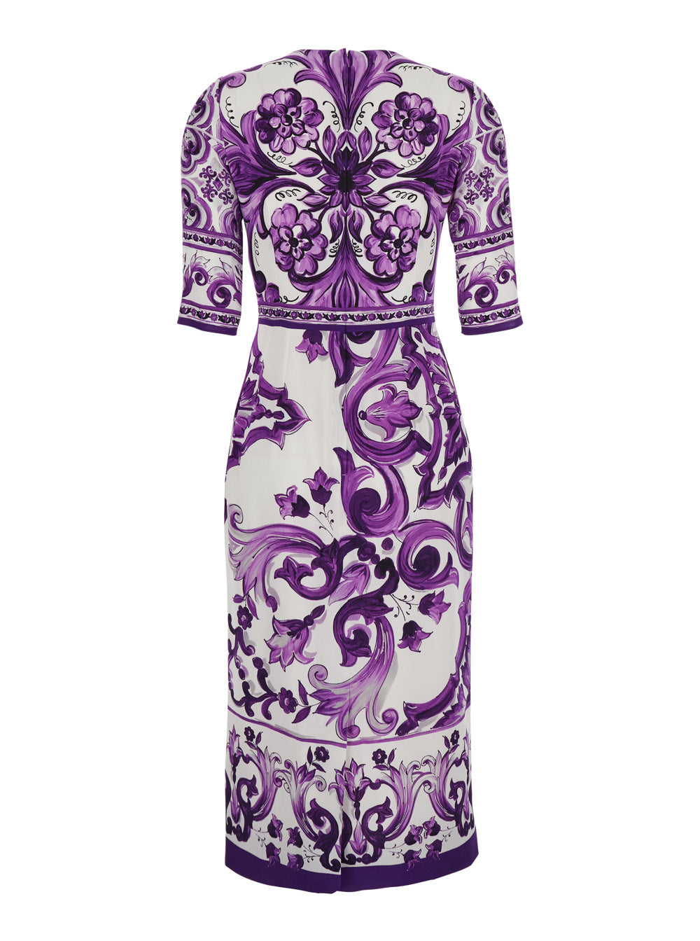 Dolce & Gabbana Women Violet Crewneck Dress With Rear Zip Closure And All-Over Floral Print In Silk Stretch Woman