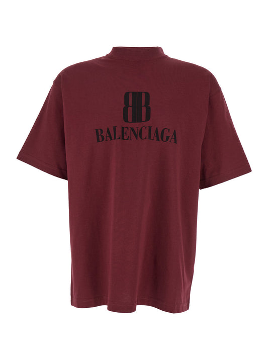 Balenciaga Men Bordeaux Crewneck T-Shirt With Logo Print On The Front In Cotton Man