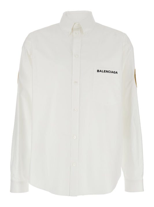 Balenciaga Men White Shirt With Logo Lettering On The Front And Logo Patch On The Sleeve In Cotton Man