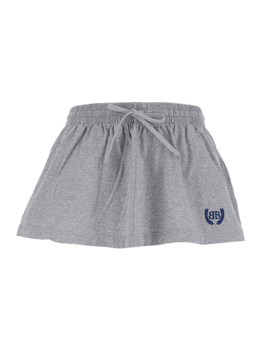 Balenciaga Women Grey Miniskirt With Logo Embroidery On The Front And Elastic Drawstring Waist In Cotton Woman