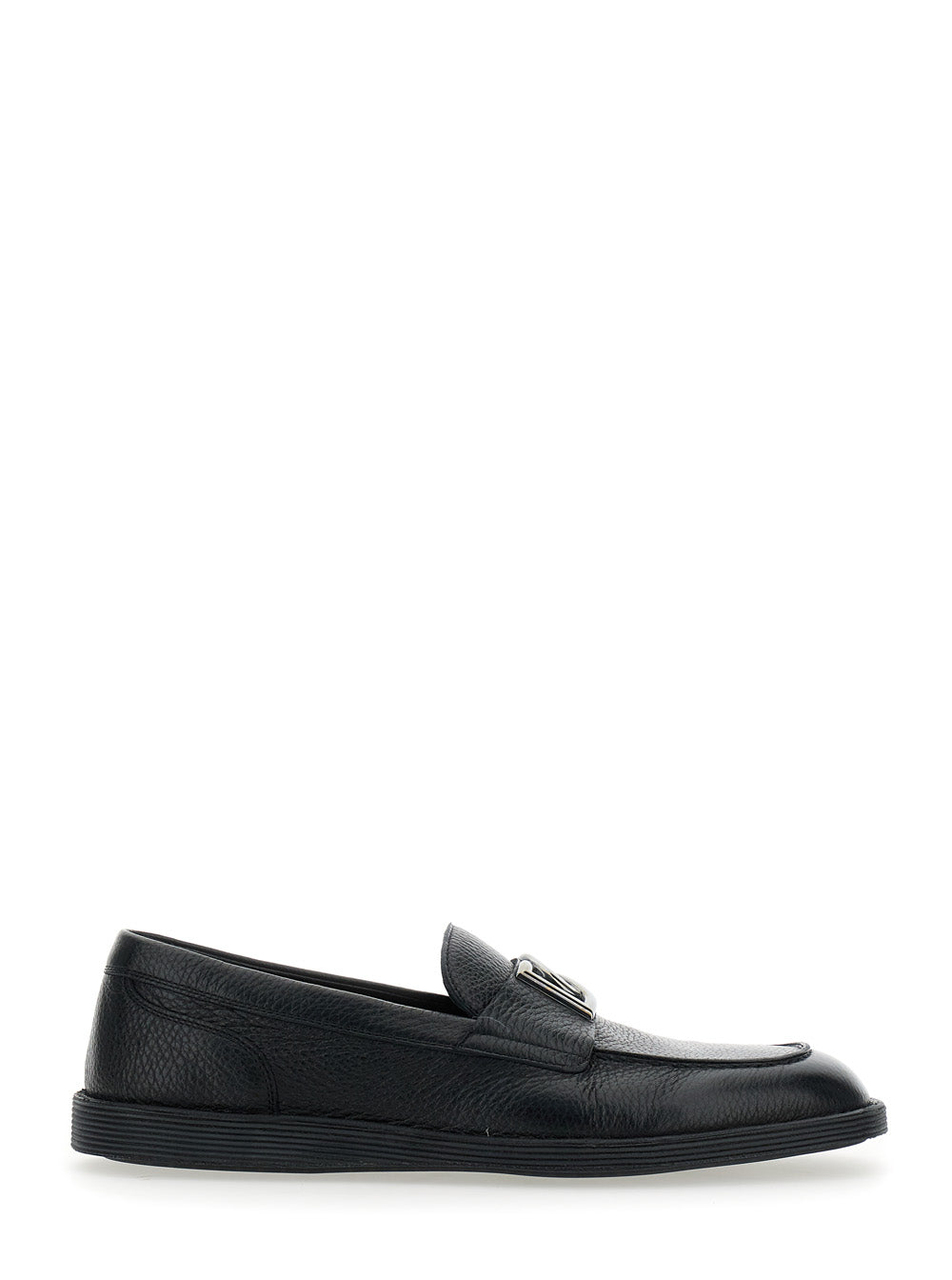 Dolce & Gabbana Men 'Florio' Black Loafers With Dg Plaque On The Front In Grained Leather Man