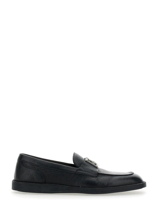 Dolce & Gabbana Men 'Florio' Black Loafers With Dg Plaque On The Front In Grained Leather Man