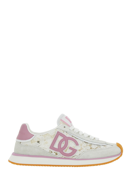 Dolce & Gabbana Women White Low Top With Lace Details And Dg Patch On The Side In Fabric And Suede Blend Woman