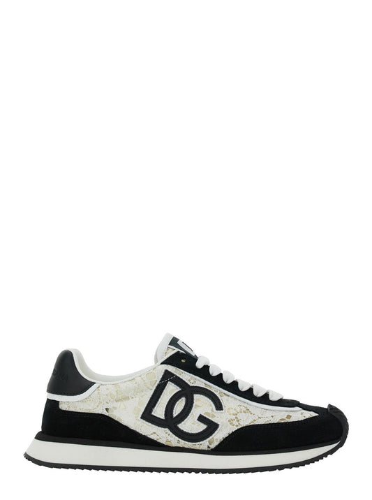 Dolce & Gabbana Women Black And White Low Top With Lace Details And Dg Patch On The Side In Fabric And Suede Blend Woman