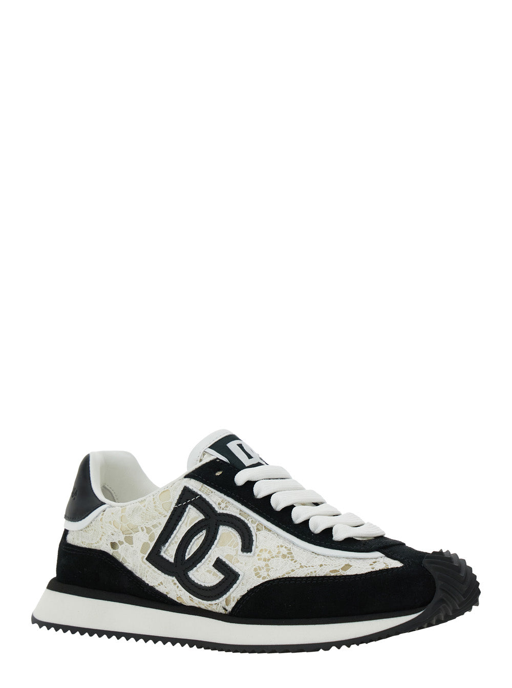 Dolce & Gabbana Women Black And White Low Top With Lace Details And Dg Patch On The Side In Fabric And Suede Blend Woman